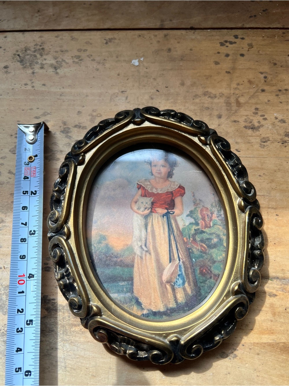 Small Ornate Gold and Black Oval Wall Frame with Vintage Art